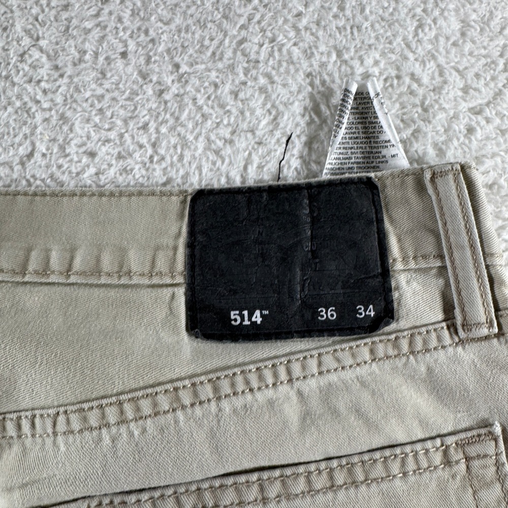 Levis 514 Pants Mens 36x34 Khaki Straight Chino Tan White Tab School 5 Pockets - Picture 3 of 12